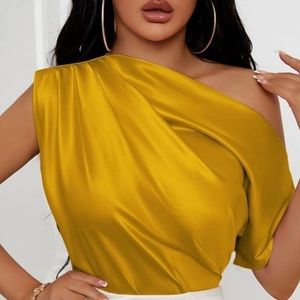 SHEIN Asymmetrical Neck Ruched Satin Blouse